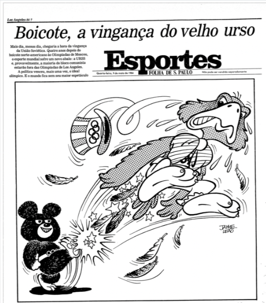 Cobertura da Folha com charge em que o urso soviético dá um pontapé na águia norte-americana.