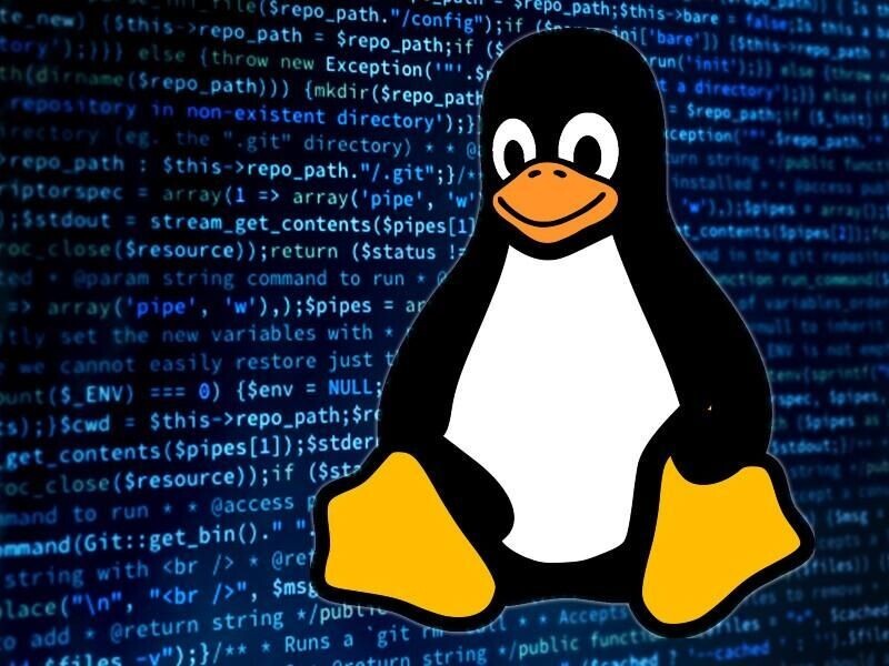 Tux, o pinguim, sobre um fundo de códigos