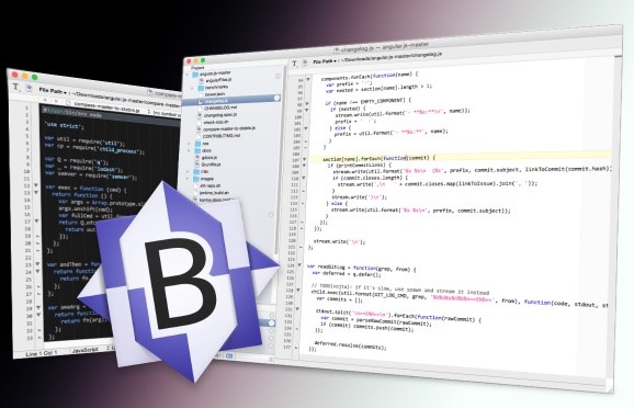 Ícone do aplicativo e 2 prints de janela de edição de textos no BBEdit, ambos mostrando edição de arquivos de programação