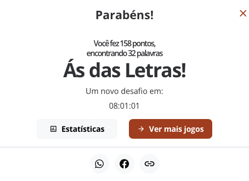 Banner de resultado do jogo Soletra dizendo:<br><br>Parabéns!<br>Você fez 158 pontos, encontrando 32 palavras<br>Ás das Letras!