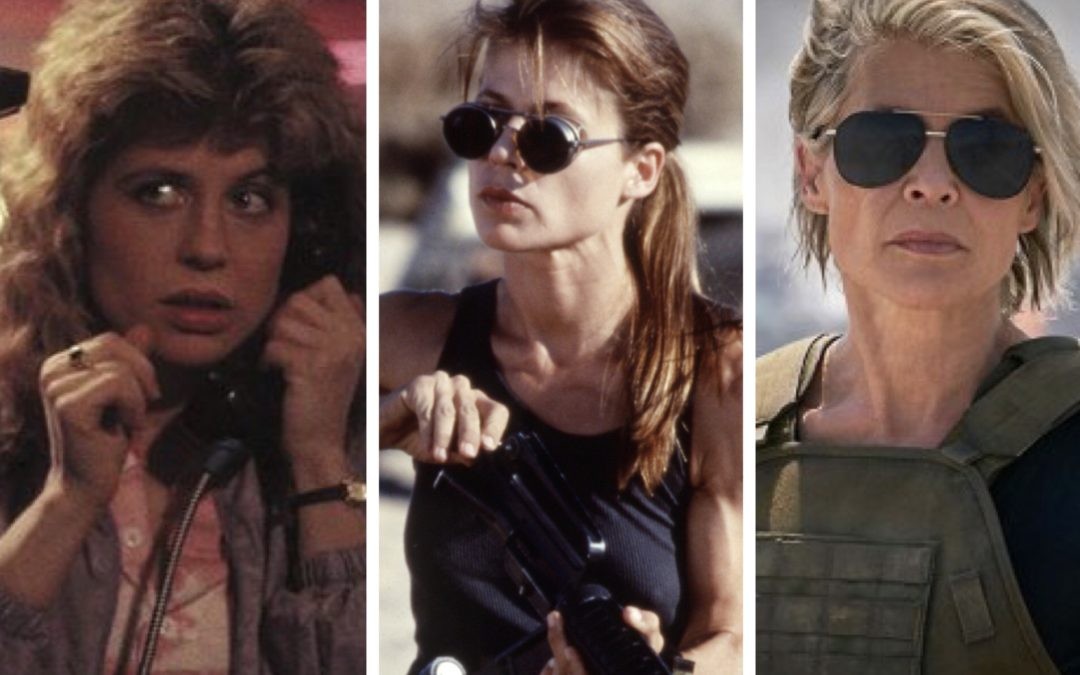 A atriz Linda Hamilton, caracterizada como Sarah Connor, em 3 filmes da franquia do Exterminador do Futuro.