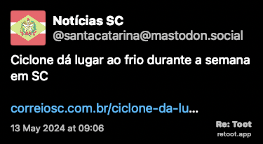 Post de Notícias SC. “Ciclone dá lugar ao frio durante a semana em SC correiosc.com.br/ciclone-da-lu…“ Posted on 13 May 2024 at 09:06
