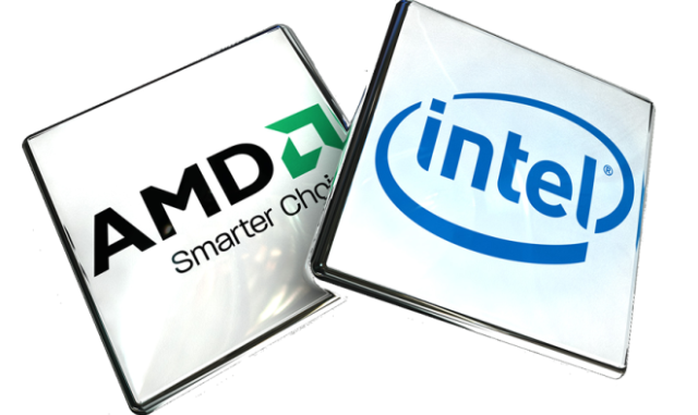 Logos da AMD e da Intel justapostos