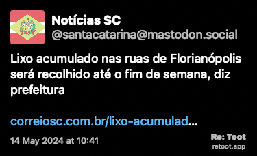 Post de Notícias SC. “Lixo acumulado nas ruas de Florianópolis será recolhido até o fim de semana, diz prefeitura correiosc.com.br/lixo-acumulad…“ Posted on 14 May 2024 at 10:41