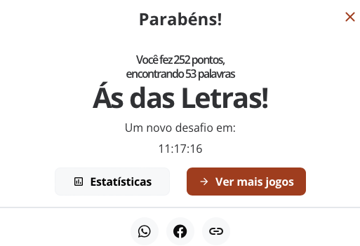 Banner de resultado do jogo Soletra com o texto:<br><br>Parabéns!<br>Você fez 252 pontos, encontrando 53 palavras<br>Ás das Letras!