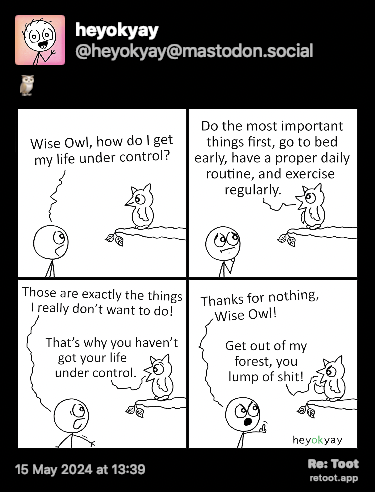 A descrição da imagem foi incluída no texto do toot.<br><br>Post de heyokyay. “🦉“ The post contains an image with no description. Posted on 15 May 2024 at 13:39