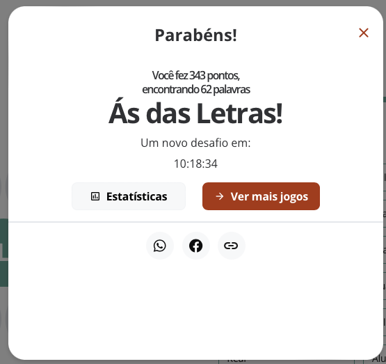 Banner de resultado do jogo Soletra dizendo:<br><br>Parabéns!<br>Você fez 343 pontos, encontrando 62 palavras<br>Ás das Letras!