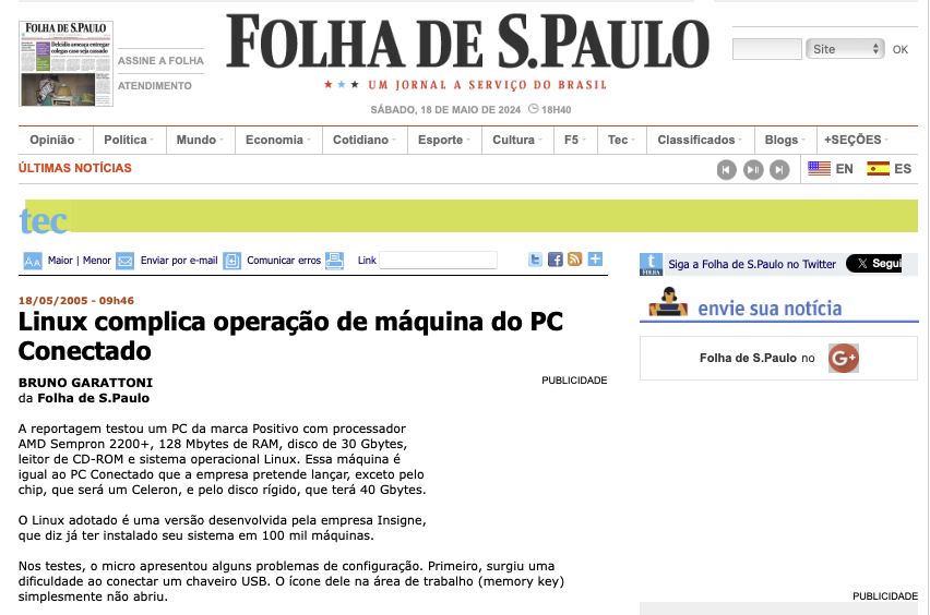 Print do cabeçalho de matéria da Folha com o título: Linux complica operação de máquina do PC Conectado
