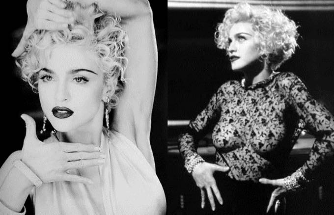 Madonna em 2 cenas do icônico vídeo de Vogue