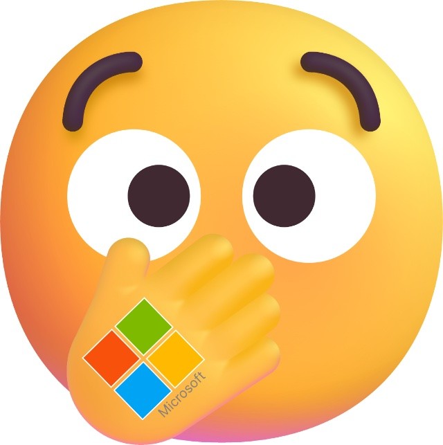 Emoji com uma mão tapando a sua boca. Na mão, está aplicado um logotipo da Microsoft.