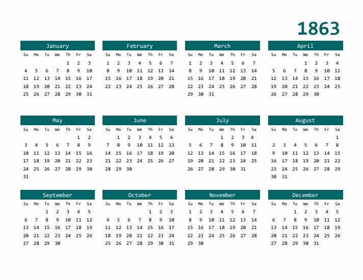 Um calendário do ano de 1863