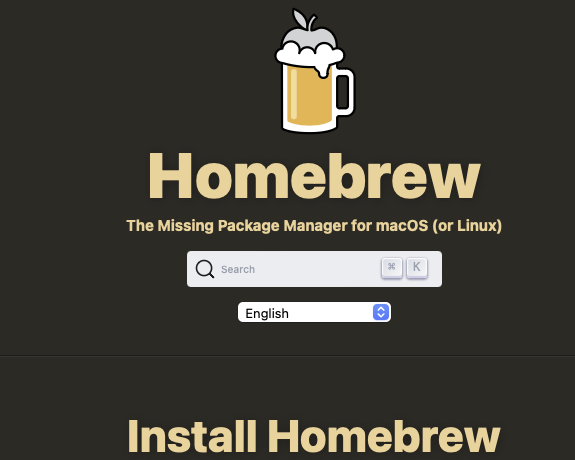 Banner do site do Homebrew, dizendo: Homebrew - The Missing Package Manager for macOS (or Linux)