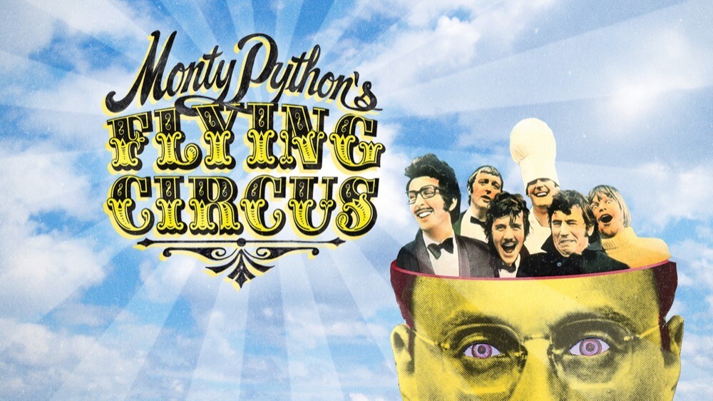 Banner da série Monty Python's Flying Circus, com os integrantes da trupe caracterizados