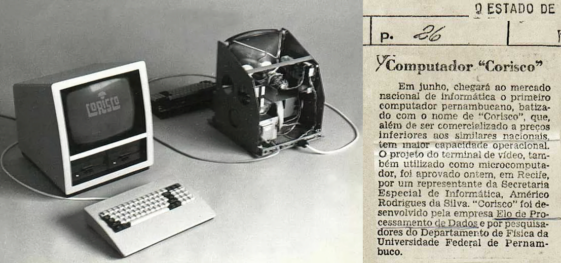 Foto de um Corisco ligado, ao lado de um Corisco parcialmente desmontado, e de um recorte do jornal O Estado de São Paulo anunciando a sua breve disponibilidade