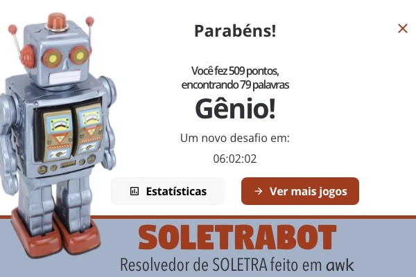 Banner do Soletrabot informando a pontuação e classificação indicadas no texto do post, a foto de um robô de brinquedo e o rodapé dizendo: SOLETRABOT - Resolvedor de Soletra feito em AWK