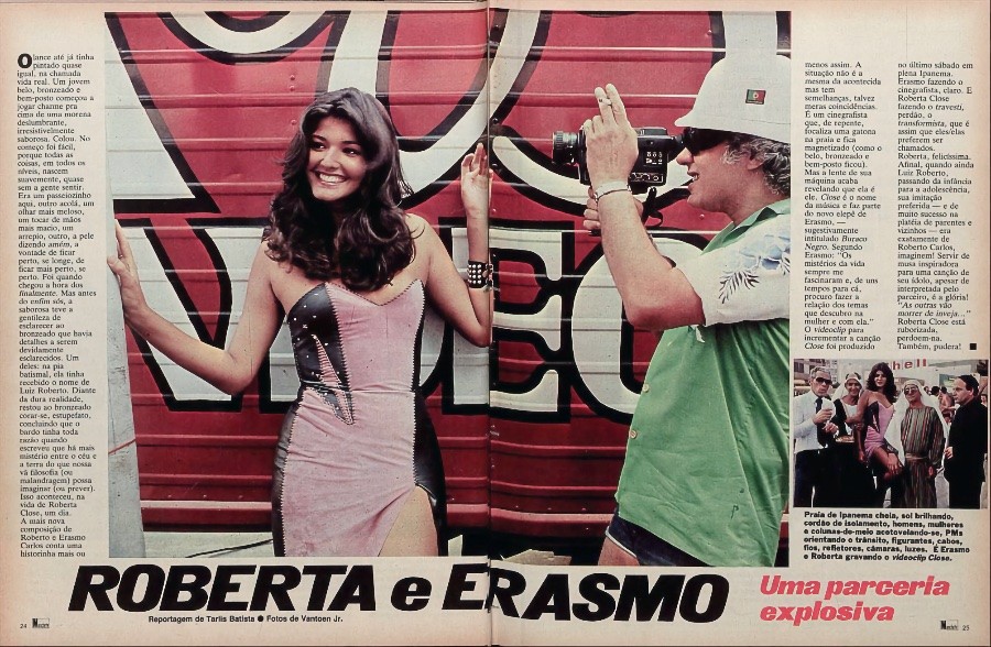 Matéria da revista Manchete com foto de Roberta e Erasmo em cena do clipe, e o título: Roberta e Erasmo, uma parceria explosiva.