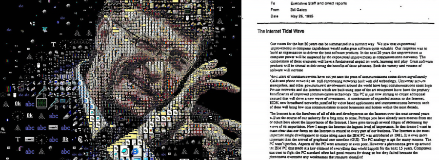 Montagem com foto de Bill Gates fazendo careta, e cópia do famoso memorando