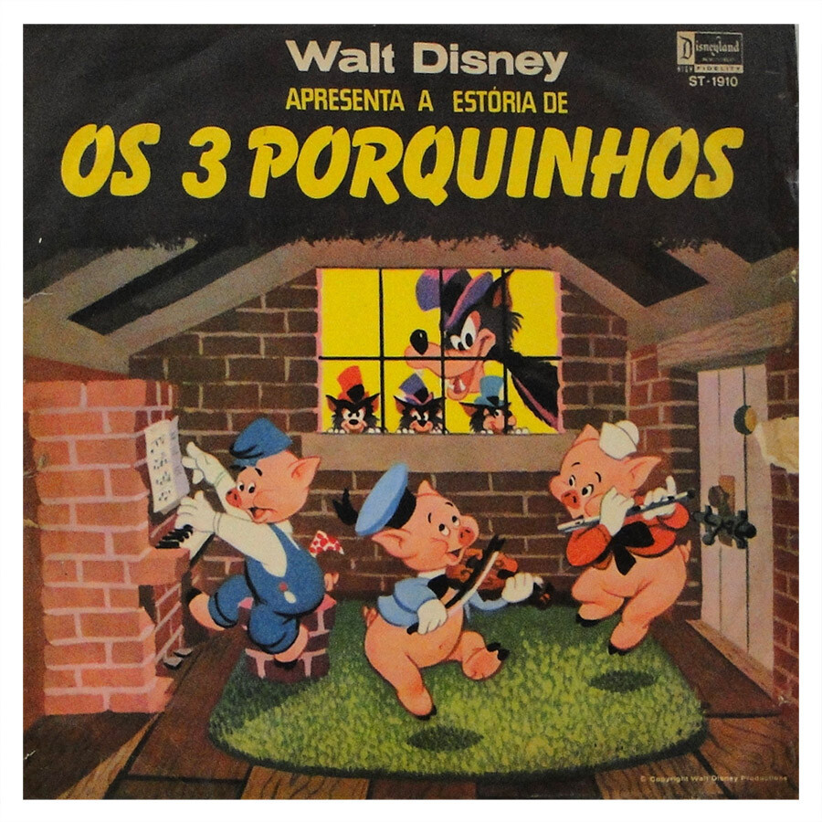Capa clássica da versão brasileira do disco de Walt Disney contando a história dos 3 porquinhos