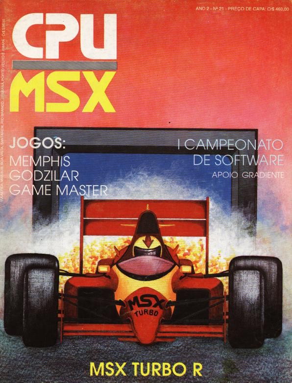 Capa da CPU MSX n. 21, com desenho de um carro de corrida caracterizado com o nome do MSX Turbo R.