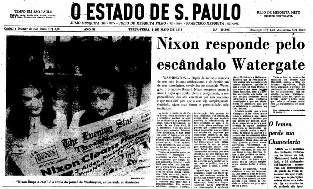 Capa do Estadão de quando Nixon não mais conseguia negar sua conexão com Watergate, mas ainda tentava se manter no cargo.