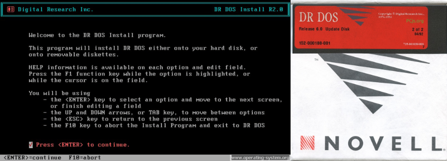 Tela do instalador, e um disquete do DR DOS já com a marca da Novell