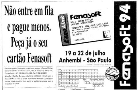 Fragmento do anúncio de jornal indicando como solicitar o Cartão Fenasoft, incluindo o formulário para preenchimento manual.