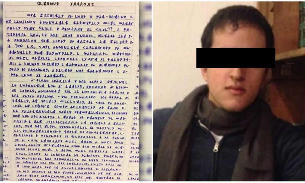 Uma das páginas em “código“ e foto do estudante “desaparecido“, com tarja sobre seus olhos.