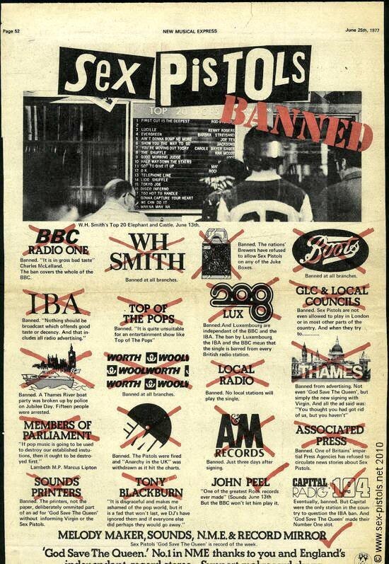 Anúncio exaltando os Sex Pistols por estarem banidos