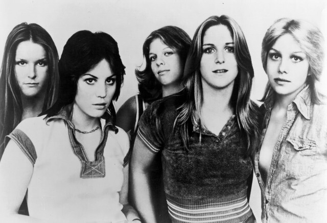Foto em preto e branco de das integrantes do The Runaways