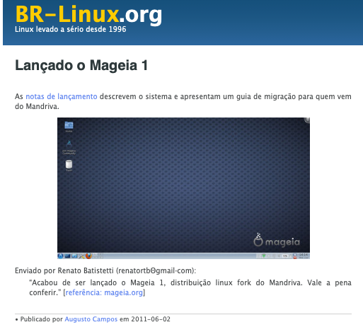 Print de post do BR-Linux incluindo uma imagem do desktop minimalista da primeira versão do Mageia.