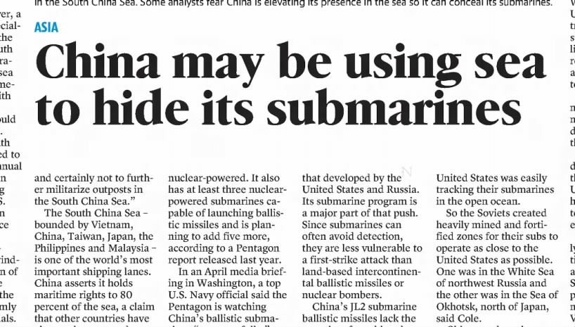 Matéria de jornal com o título em inglês: China may be using sea to hide its submarines
