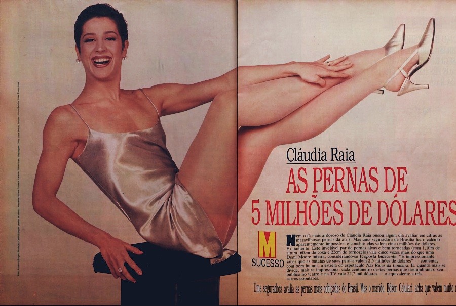 Matéria com foto em página dupla de Claudia Raia na revista Manchete, com o título: As pernasd de 5 milhões de dólares