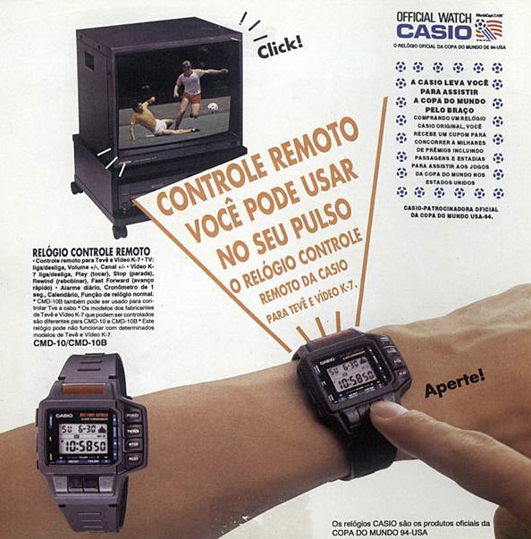 Anúncio impresso do relógio-controle e da promoção de sorteio de passagens.