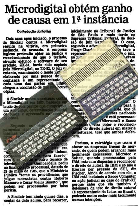 Lado a lado, ZX81 e TK83, sobrepostos a uma notícia sobre a vitória.