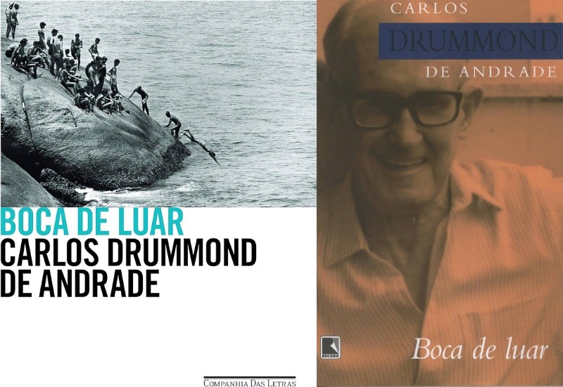 Duas versões da capa de Boca de Luar - em uma delas há uma foto sorridente de Drummond.