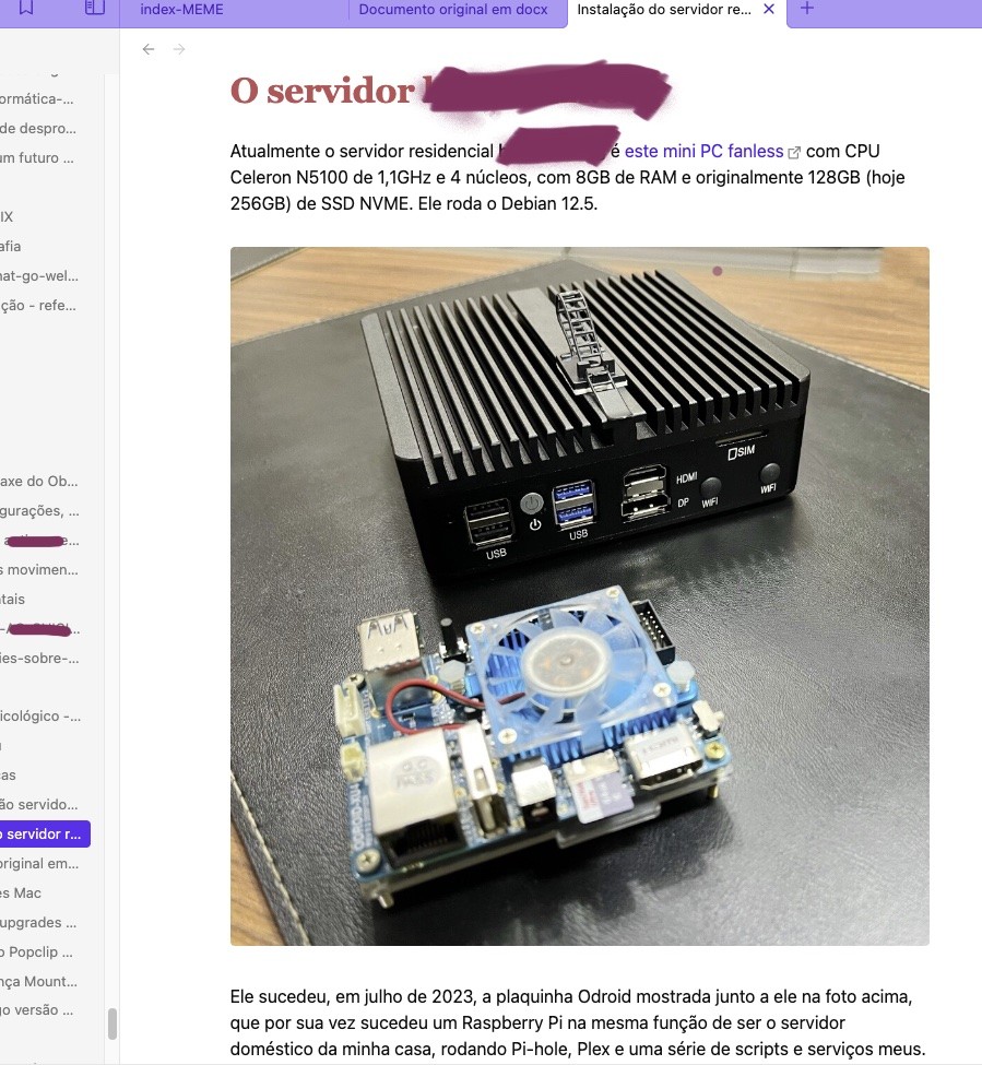 Fragmento de print do Obsidian mostrando foto de um pequeno servidor Fanless com as portas de conexão aparentes, e de uma placa Odroid, e um trecho da descrição descrevendo a configuração de hardware e o breve histórico de sua aquisição e primeira ativação, em 2023.