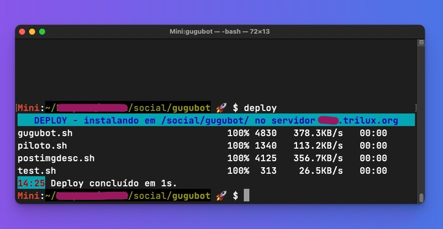 print de um terminal mostrando um deploy do Gugubot, com 4 arquivos, realizado em 1 segundo.