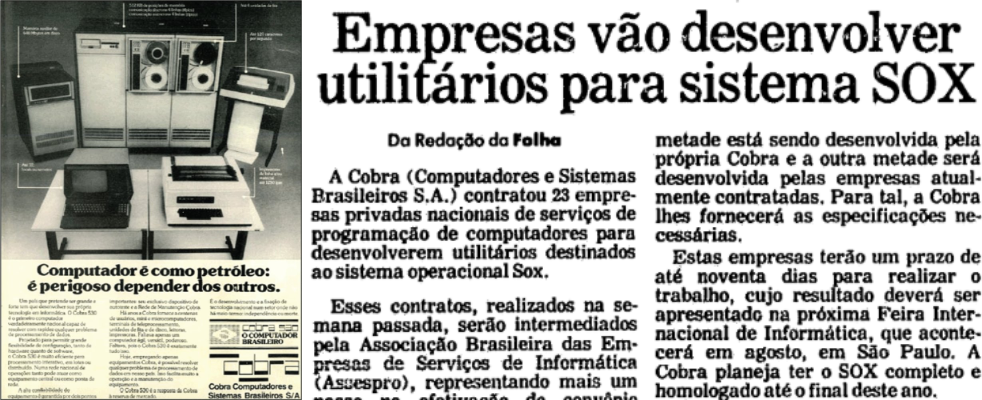 anúncio de revista e trecho de reportagem da Cobra com o título “Empresas vão desenvolver utilitários para sistema SOX“