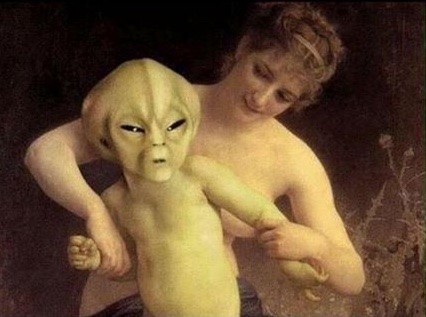 Meme do ME SEGURA, em que uma pintura clássica é modificada para parecer que a donzela está segurando um ET que quer entrar numa briga