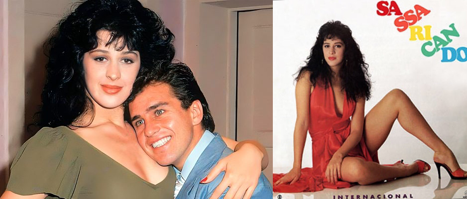 Claudia Raia como Tancinha, contracenando com um de seus caricatos pares românticos na novela, e na capa do LP Sassaricando Internacional