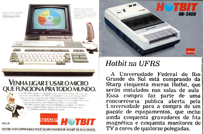 Anúncio do Hotbit branco, capa do manual do gravador de fita HB-2400, e recorte de jotnal com o título “Hotbit na UFRS“