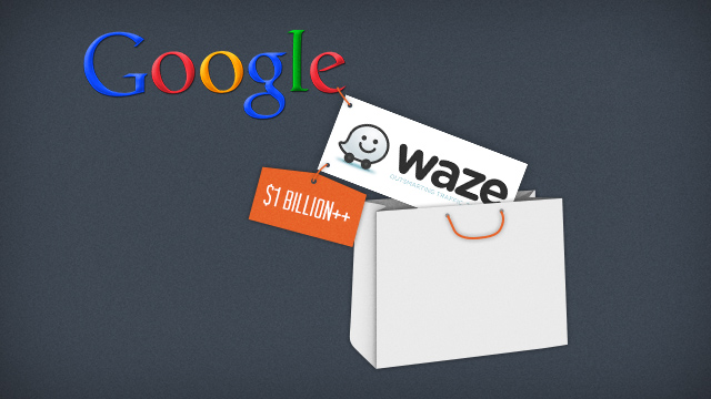 Logo do Google colocando o logo do Waze numa sacola de compras