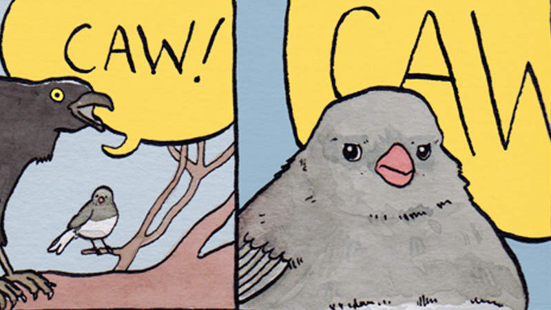 Annoyed Bird, meme em 2 quadrinhos, com um pássaro ámaior gritando e um pássaro menor incomodado com o excesso de barulho do outro