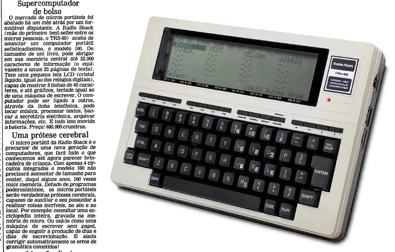 Nota da Folha como título “Supercomputador de bolso), e foto do Model 100.