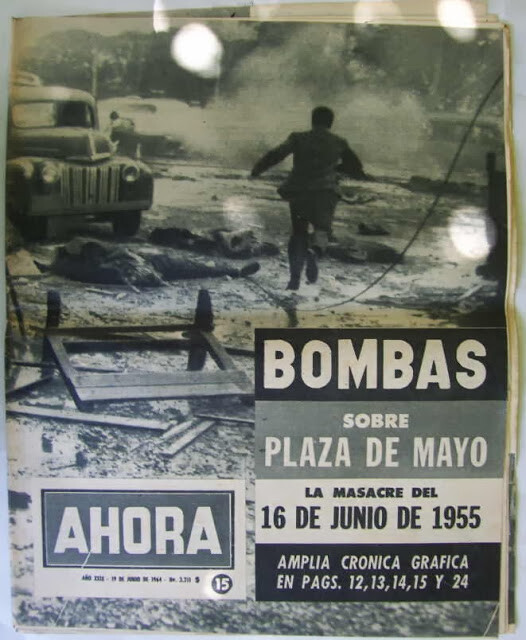 Capa da revista Ahora sobre o Massacre de 16 de Junho, com foto de homem de roupas civis correndo entre corpos queimados e destroços.