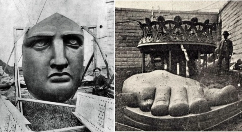 Partes da estátua desmontada, incluindo o rosto, em duas fotos preto e branco