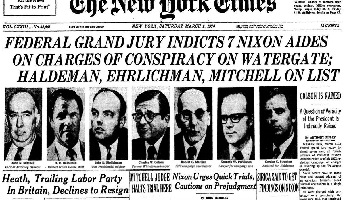 Capa do NYT, posterior, quando foi demonstrado que era uma conspiração de Nixon