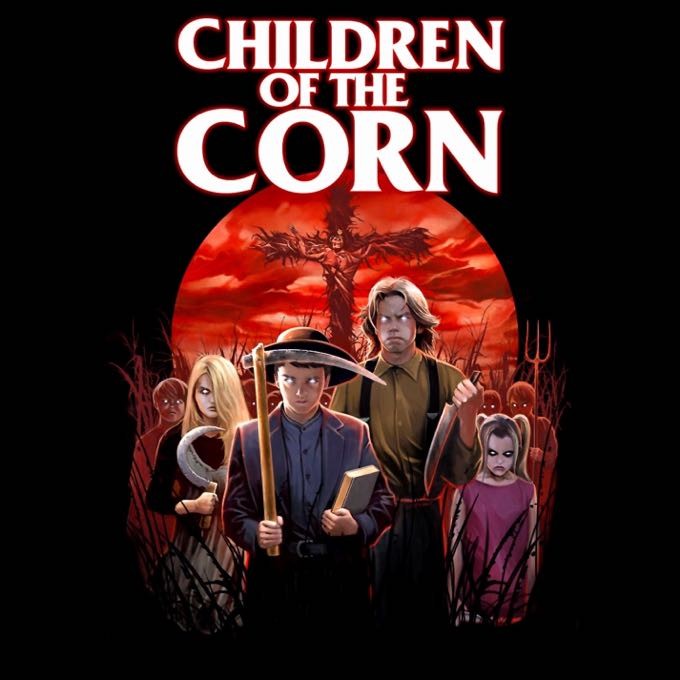 Banner moderno baseado na versão original de 1984 de Colheita Maldita, mostrando as crianças em meio à plantação.