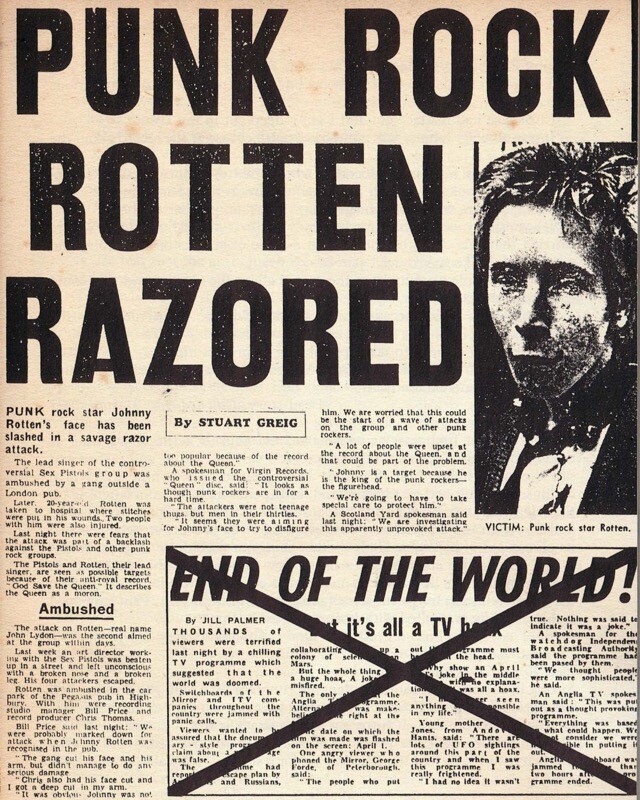 Jornal com a manchete: Punk Rock Rotten Razored