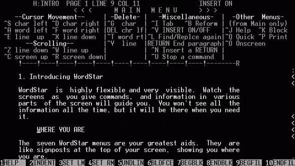 Tela do WordStar para PC, em modo dividido: linha de status, área de menu, área de texto, e área de atalhos das teclas de função